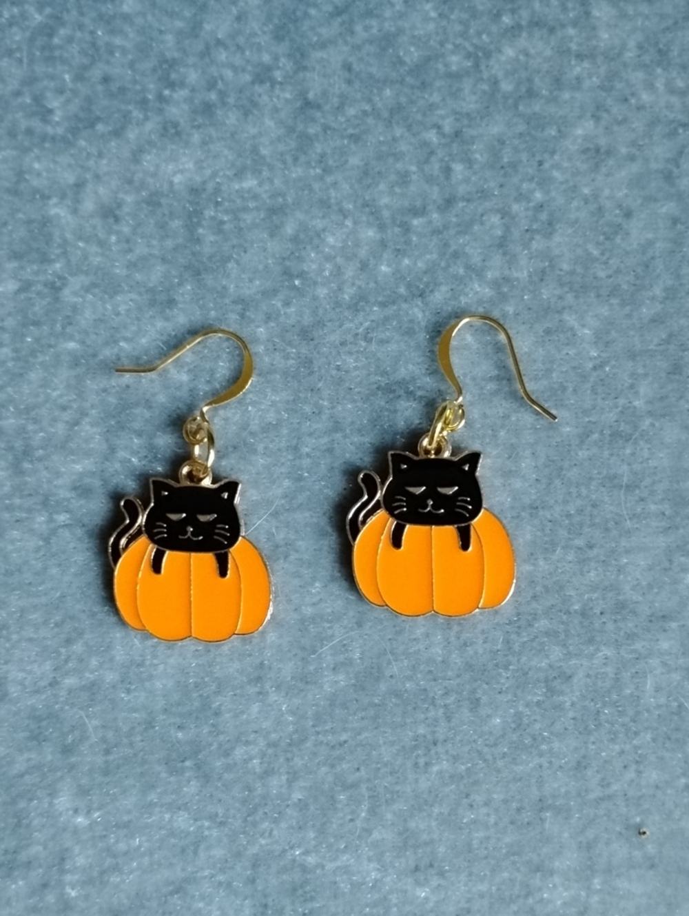 Hand Crafted Black Cat on Orange Pumpkin Earrings
